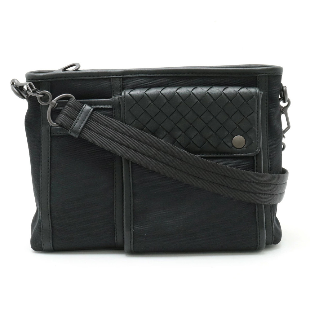 BOTTEGA VENETA Intrecciato Shoulder Bag Pouch Canvas Leather Black